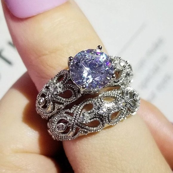 NEW2PC/set 4CT Round Diamond 925 Silver Ring 17 - Picture 1 of 9